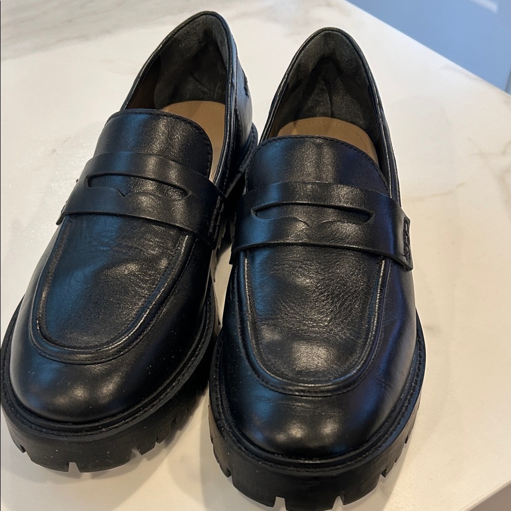 SCHUTZ Black Leather Lug Sole Penny Loafers
